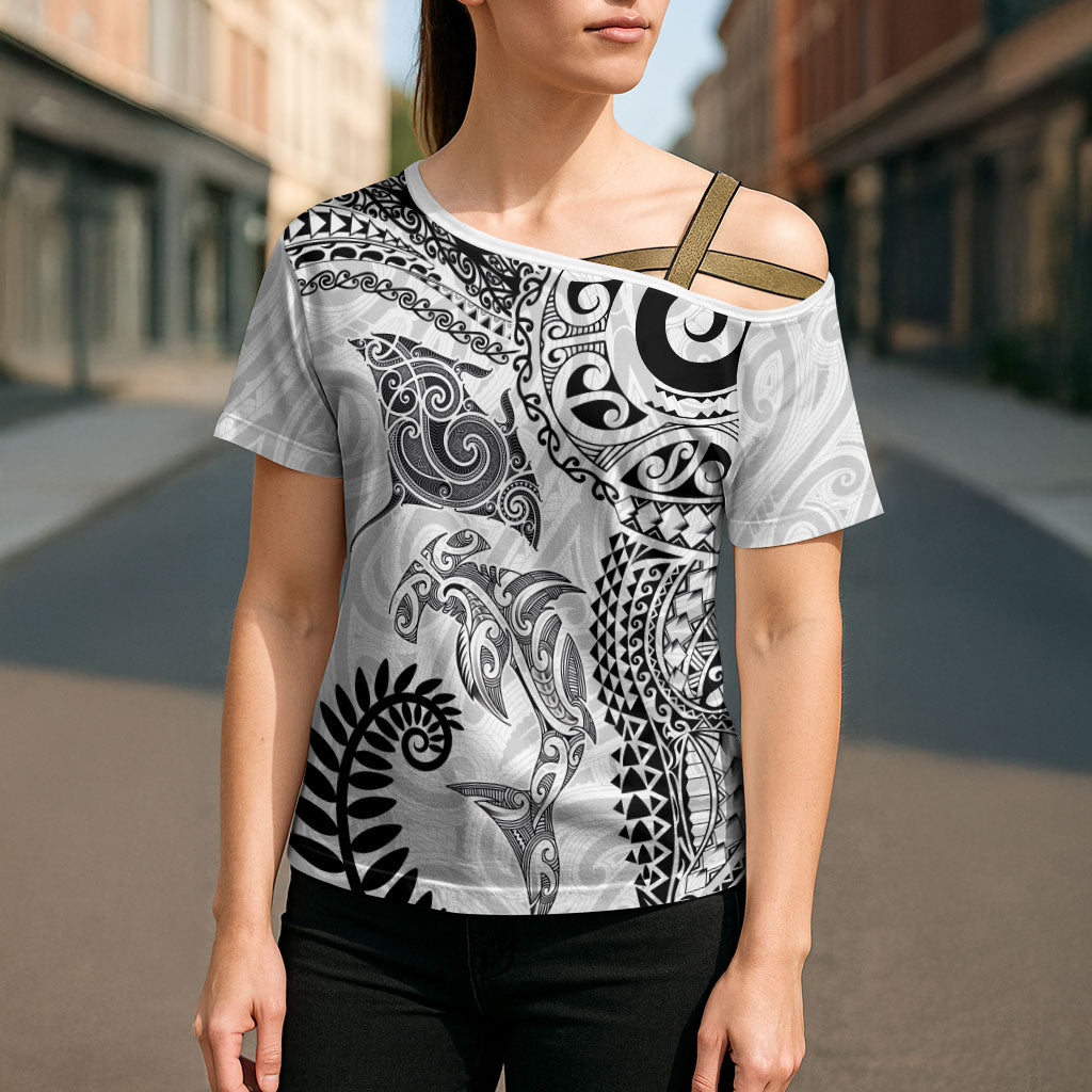 Aotearoa Maori Sea Animals Tribal Cross Shoulder Shirt Manta Ray and Shark Moko Pattern White Color