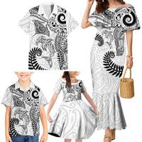 Aotearoa Maori Sea Animals Tribal Family Matching Mermaid Dress and Hawaiian Shirt Manta Ray and Shark Moko Pattern White Color
