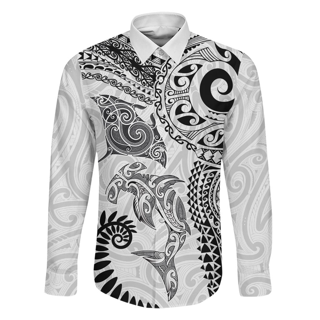 Aotearoa Maori Sea Animals Tribal Family Matching Off The Shoulder Long Sleeve Dress and Hawaiian Shirt Manta Ray and Shark Moko Pattern White Color