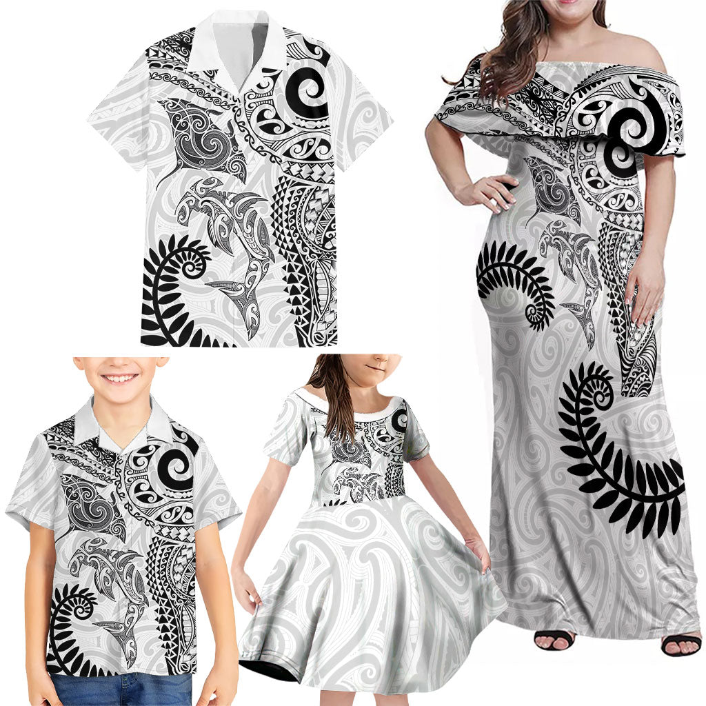 Aotearoa Maori Sea Animals Tribal Family Matching Off Shoulder Maxi Dress and Hawaiian Shirt Manta Ray and Shark Moko Pattern White Color LT03 - Polynesian Pride