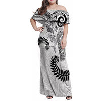Aotearoa Maori Sea Animals Tribal Family Matching Off Shoulder Maxi Dress and Hawaiian Shirt Manta Ray and Shark Moko Pattern White Color
