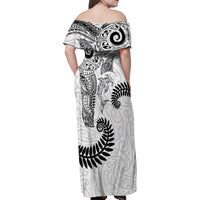 Aotearoa Maori Sea Animals Tribal Family Matching Off Shoulder Maxi Dress and Hawaiian Shirt Manta Ray and Shark Moko Pattern White Color
