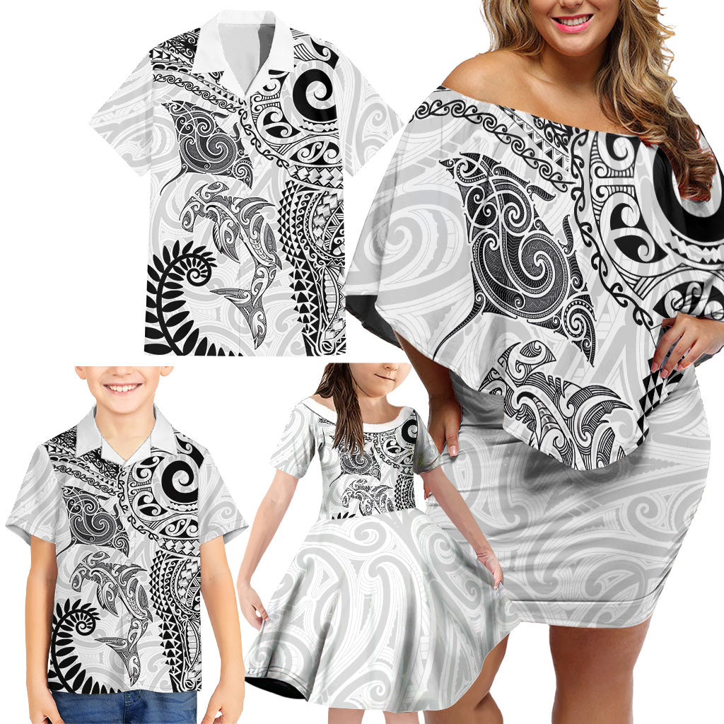 Aotearoa Maori Sea Animals Tribal Family Matching Off Shoulder Short Dress and Hawaiian Shirt Manta Ray and Shark Moko Pattern White Color LT03 - Polynesian Pride