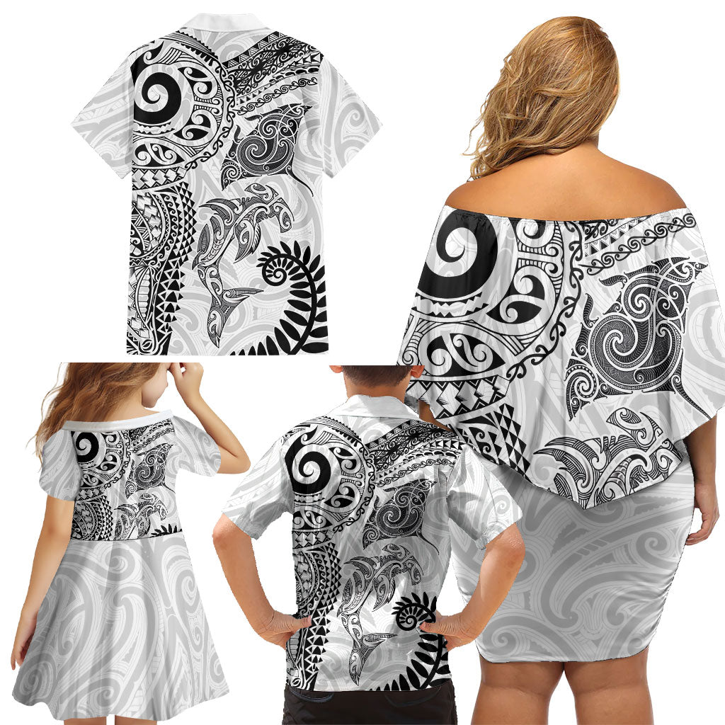 Aotearoa Maori Sea Animals Tribal Family Matching Off Shoulder Short Dress and Hawaiian Shirt Manta Ray and Shark Moko Pattern White Color