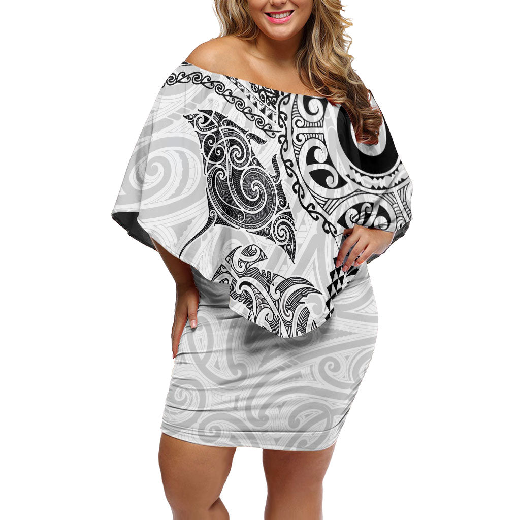 Aotearoa Maori Sea Animals Tribal Family Matching Off Shoulder Short Dress and Hawaiian Shirt Manta Ray and Shark Moko Pattern White Color