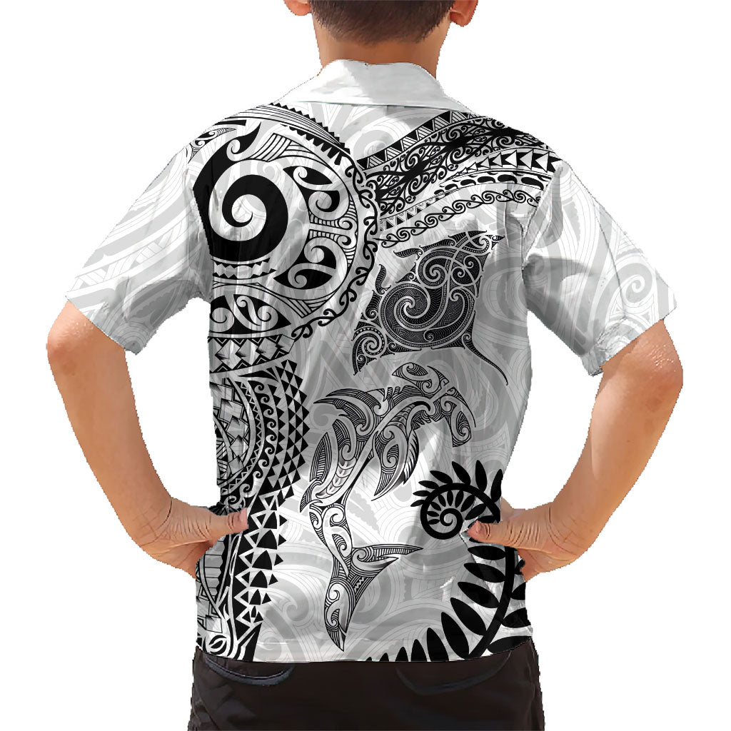 Aotearoa Maori Sea Animals Tribal Family Matching Puletasi and Hawaiian Shirt Manta Ray and Shark Moko Pattern White Color
