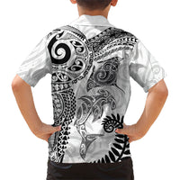 Aotearoa Maori Sea Animals Tribal Family Matching Puletasi and Hawaiian Shirt Manta Ray and Shark Moko Pattern White Color