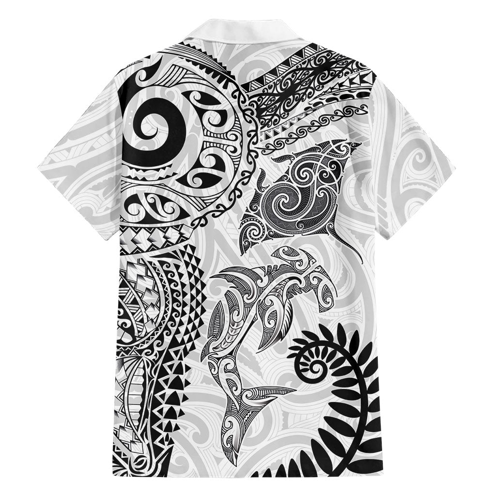 Aotearoa Maori Sea Animals Tribal Family Matching Puletasi and Hawaiian Shirt Manta Ray and Shark Moko Pattern White Color