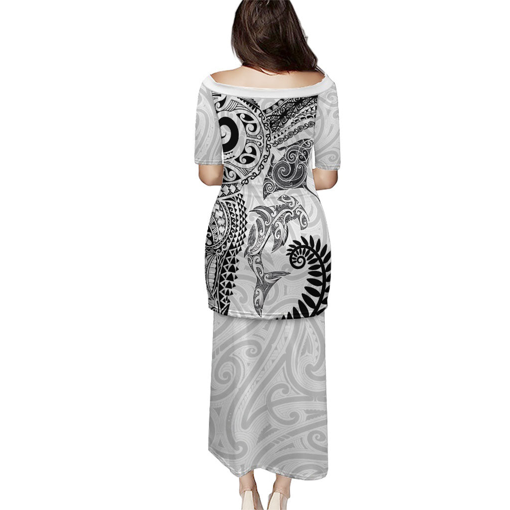 Aotearoa Maori Sea Animals Tribal Family Matching Puletasi and Hawaiian Shirt Manta Ray and Shark Moko Pattern White Color
