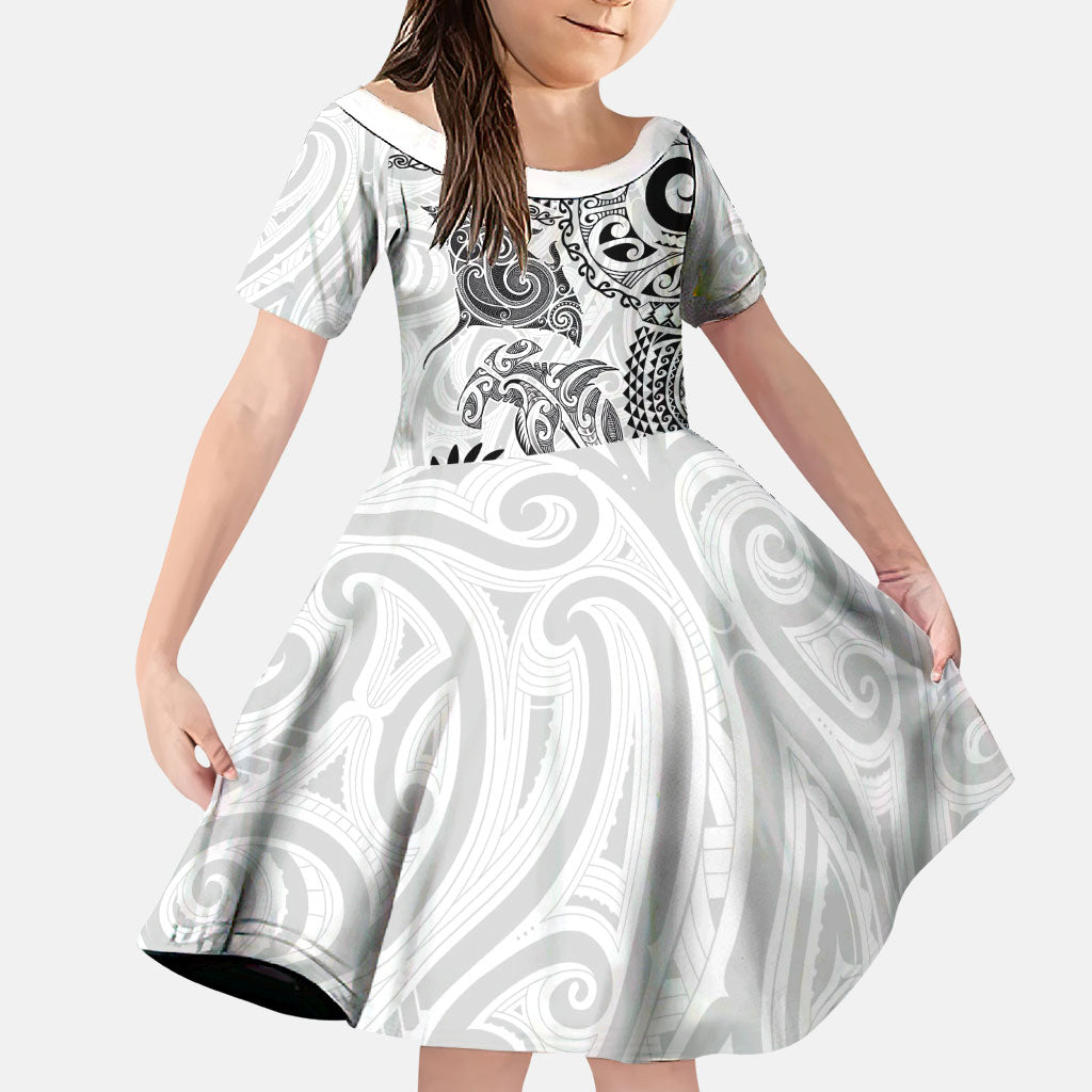 Aotearoa Maori Sea Animals Tribal Family Matching Short Sleeve Bodycon Dress and Hawaiian Shirt Manta Ray and Shark Moko Pattern White Color