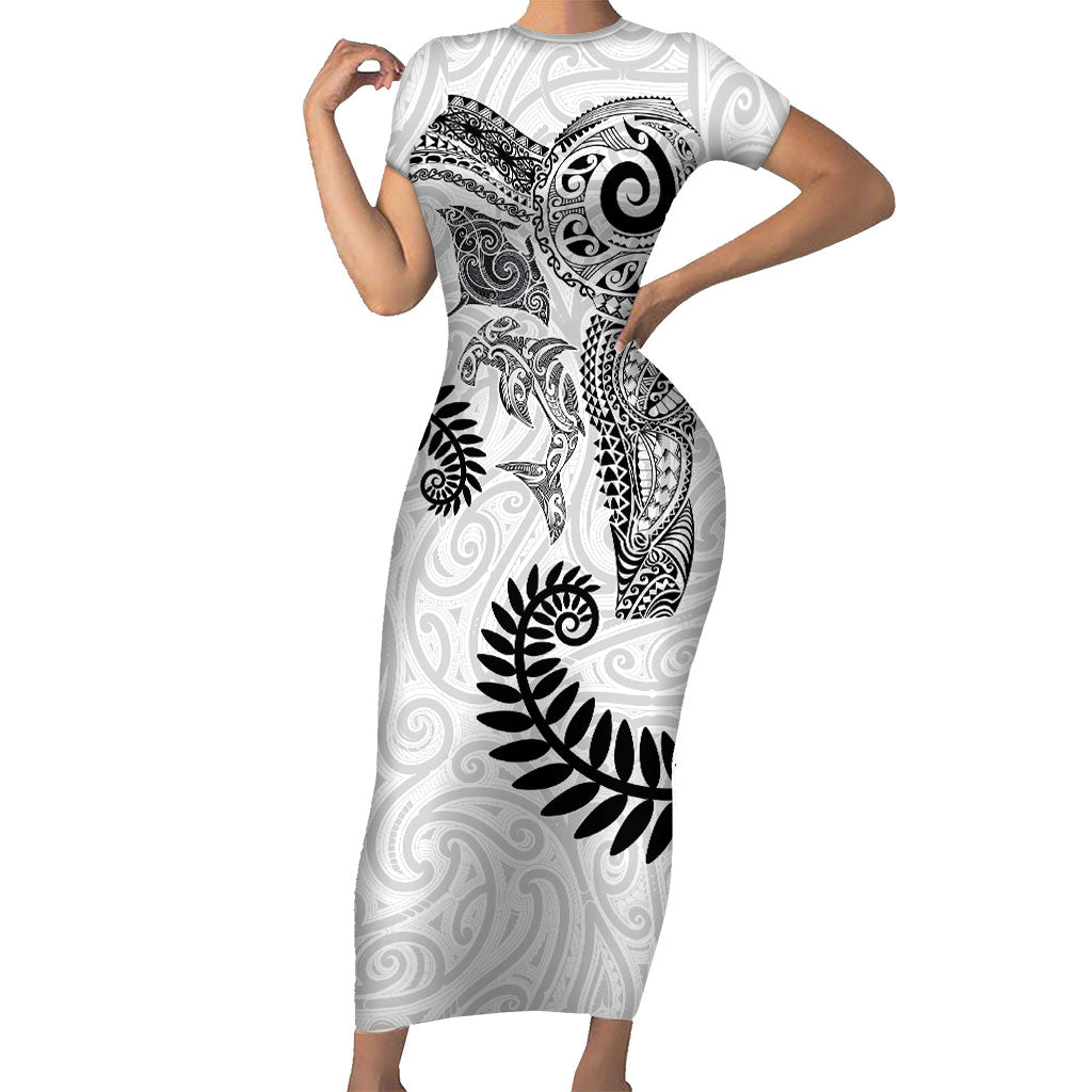Aotearoa Maori Sea Animals Tribal Family Matching Short Sleeve Bodycon Dress and Hawaiian Shirt Manta Ray and Shark Moko Pattern White Color