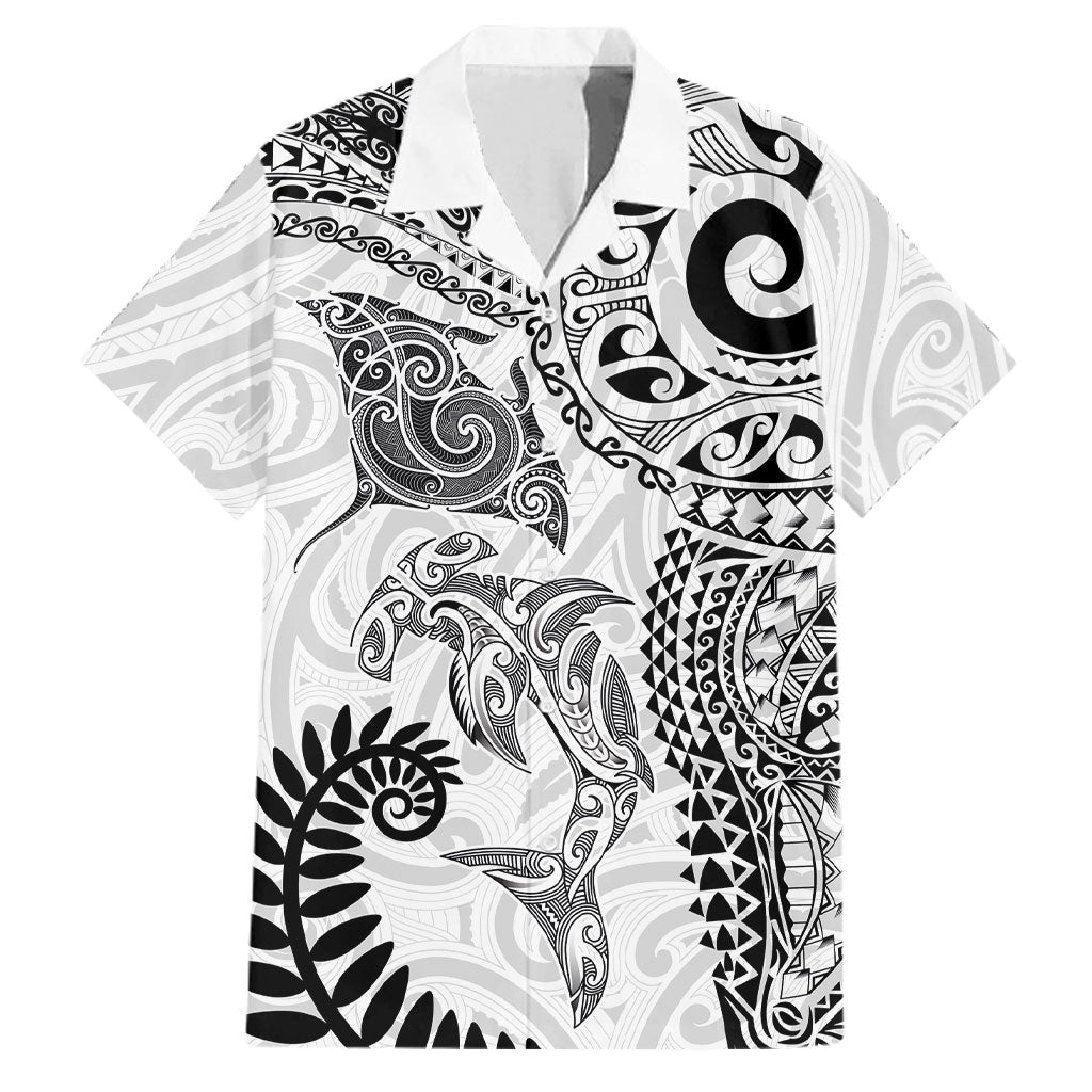 Aotearoa Maori Sea Animals Tribal Family Matching Tank Maxi Dress and Hawaiian Shirt Manta Ray and Shark Moko Pattern White Color