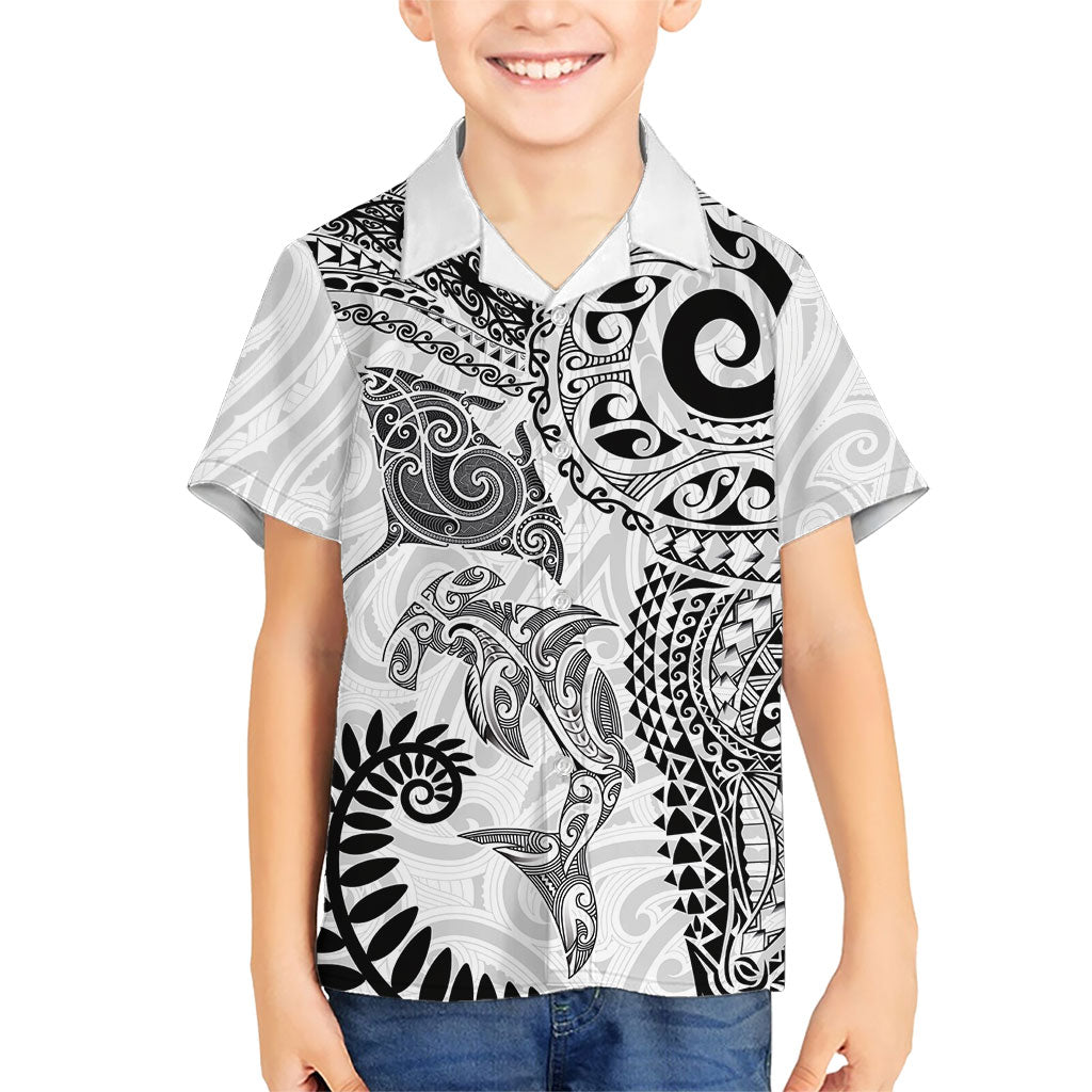 Aotearoa Maori Sea Animals Tribal Family Matching Tank Maxi Dress and Hawaiian Shirt Manta Ray and Shark Moko Pattern White Color