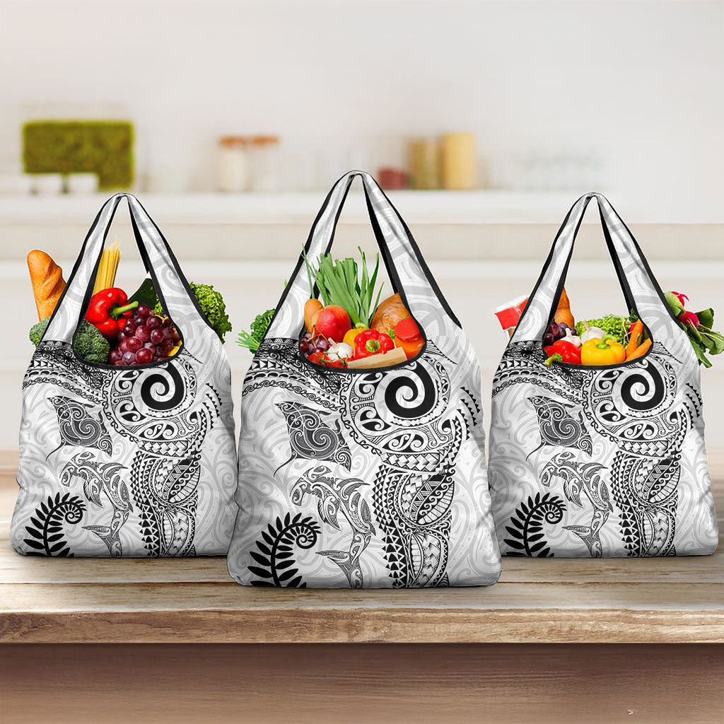 Aotearoa Maori Sea Animals Tribal Grocery Bag Manta Ray and Shark Moko Pattern White Color LT03 3-pack One Size White - Polynesian Pride
