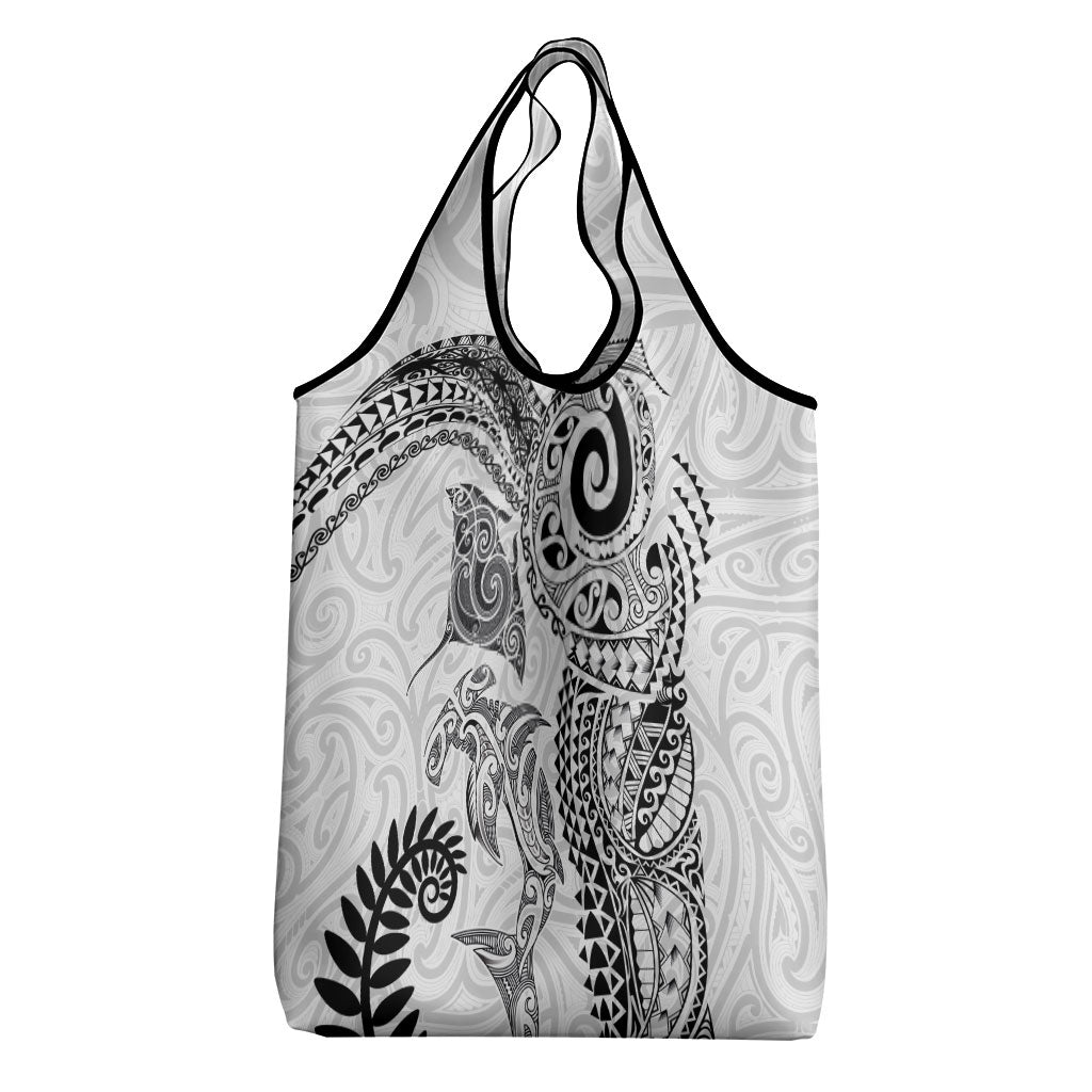 Aotearoa Maori Sea Animals Tribal Grocery Bag Manta Ray and Shark Moko Pattern White Color LT03 - Polynesian Pride