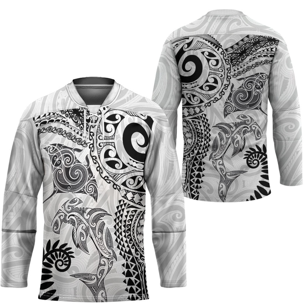 Aotearoa Maori Sea Animals Tribal Hockey Jersey Manta Ray and Shark Moko Pattern White Color