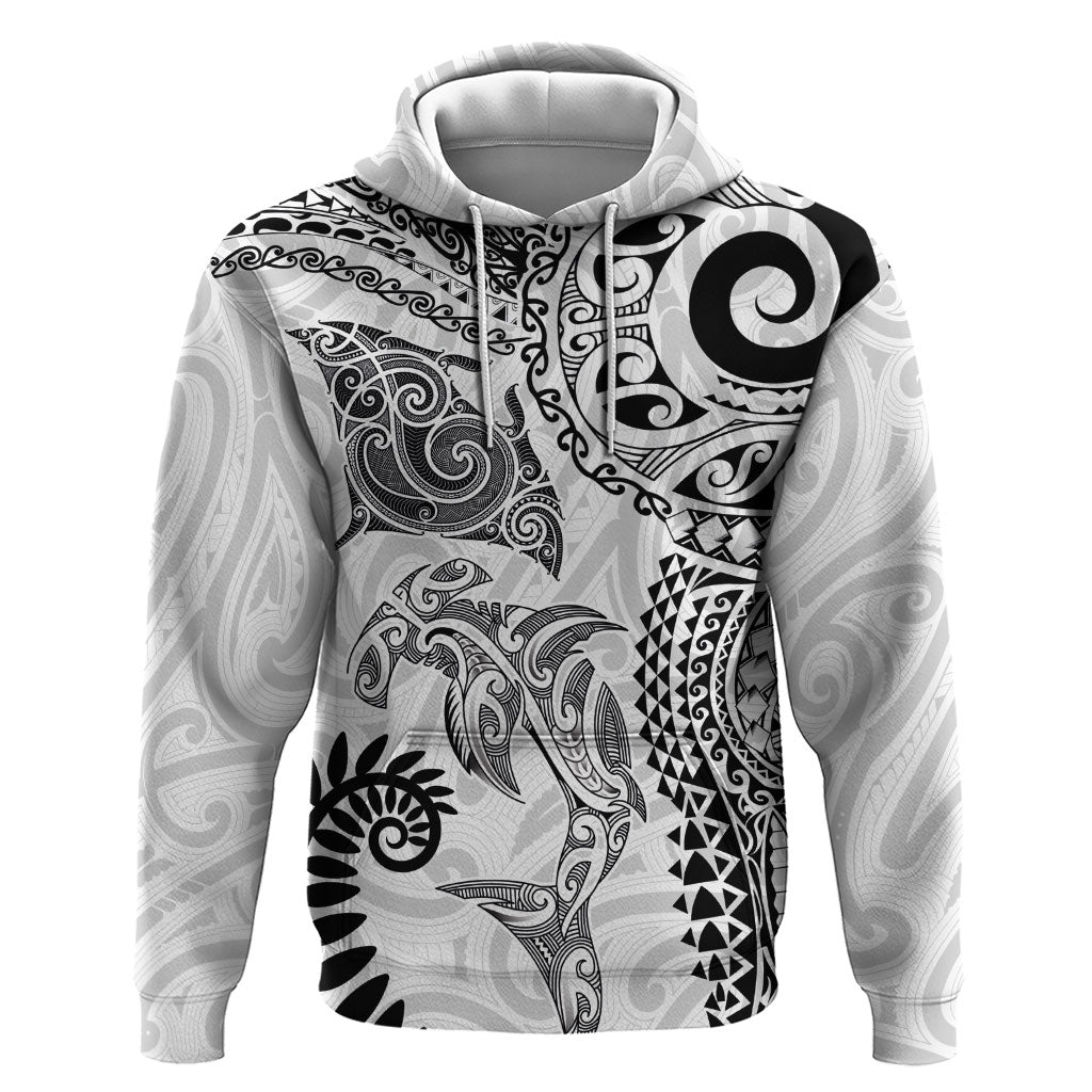 Aotearoa Maori Sea Animals Tribal Hoodie Manta Ray and Shark Moko Pattern White Color LT03 Pullover Hoodie White - Polynesian Pride