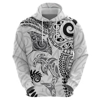 Aotearoa Maori Sea Animals Tribal Hoodie Manta Ray and Shark Moko Pattern White Color
