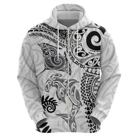 Aotearoa Maori Sea Animals Tribal Hoodie Manta Ray and Shark Moko Pattern White Color
