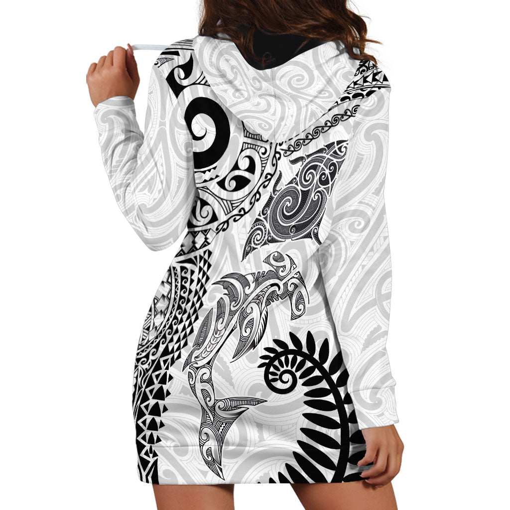 Aotearoa Maori Sea Animals Tribal Hoodie Dress Manta Ray and Shark Moko Pattern White Color