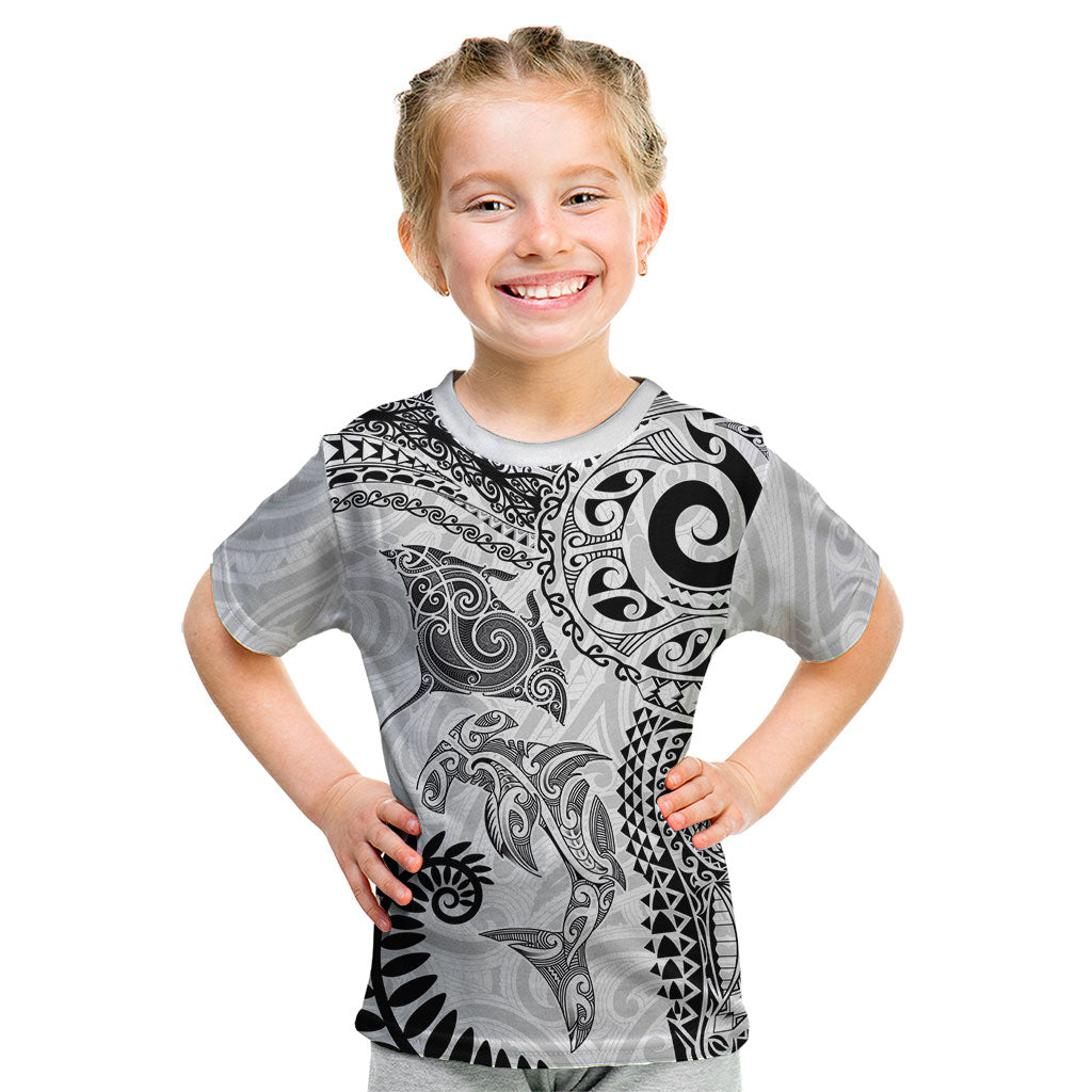 Aotearoa Maori Sea Animals Tribal Kid T Shirt Manta Ray and Shark Moko Pattern White Color LT03 White - Polynesian Pride