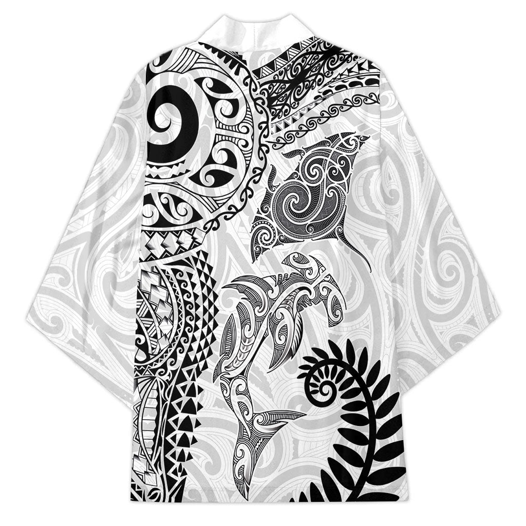 Aotearoa Maori Sea Animals Tribal Kimono Manta Ray and Shark Moko Pattern White Color LT03 - Polynesian Pride