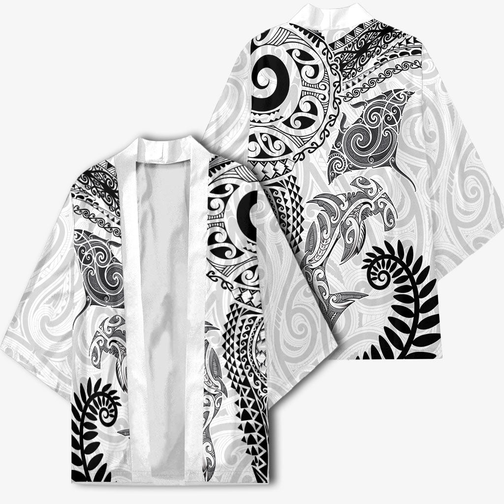Aotearoa Maori Sea Animals Tribal Kimono Manta Ray and Shark Moko Pattern White Color LT03 - Polynesian Pride