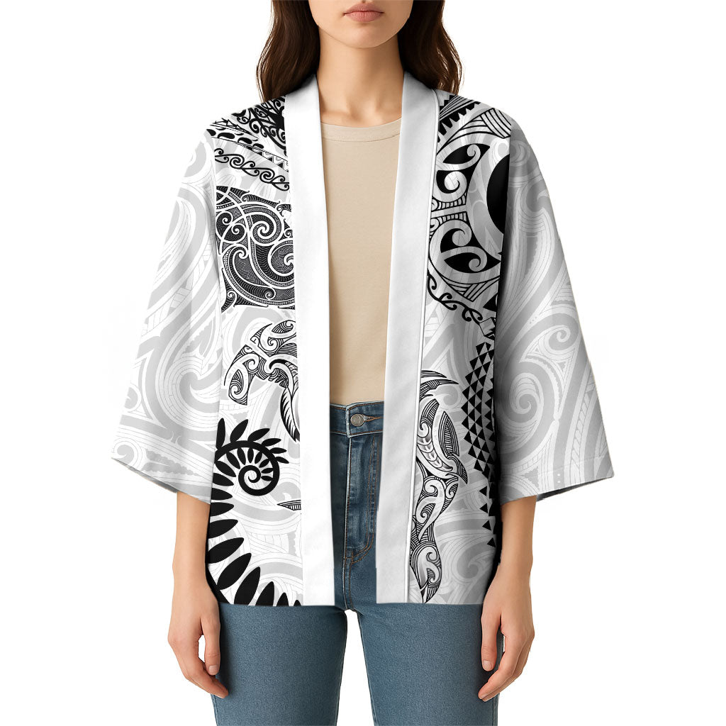 Aotearoa Maori Sea Animals Tribal Kimono Manta Ray and Shark Moko Pattern White Color LT03 - Polynesian Pride
