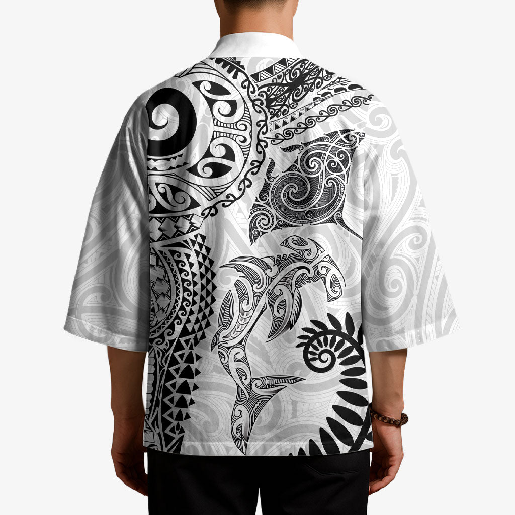 Aotearoa Maori Sea Animals Tribal Kimono Manta Ray and Shark Moko Pattern White Color LT03 - Polynesian Pride