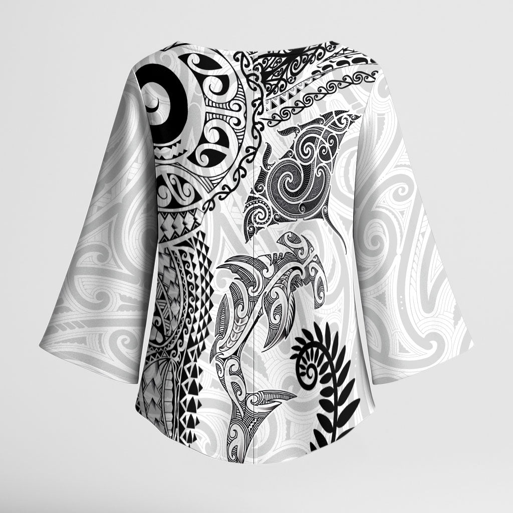 Aotearoa Maori Sea Animals Tribal Kimono Sleeve Blouse Manta Ray and Shark Moko Pattern White Color