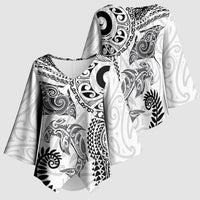 Aotearoa Maori Sea Animals Tribal Kimono Sleeve Blouse Manta Ray and Shark Moko Pattern White Color