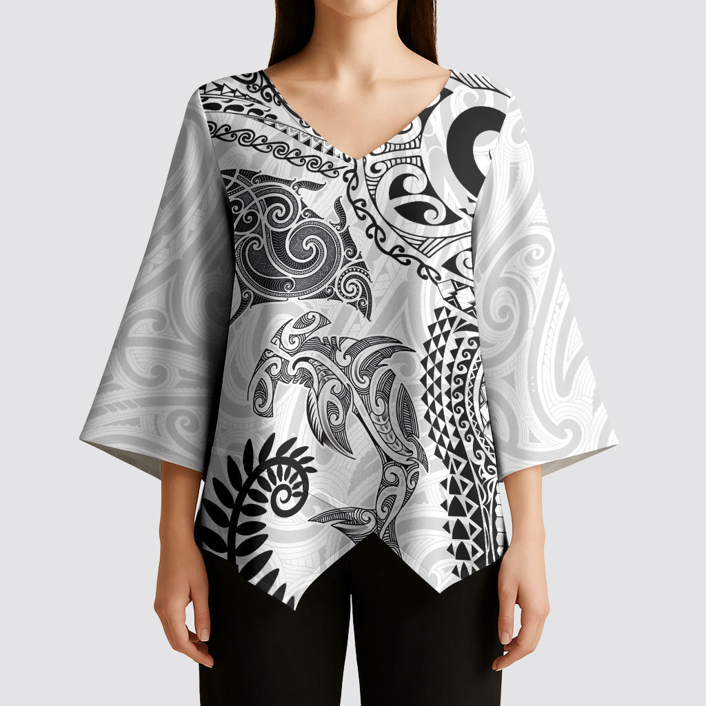 Aotearoa Maori Sea Animals Tribal Kimono Sleeve Blouse Manta Ray and Shark Moko Pattern White Color