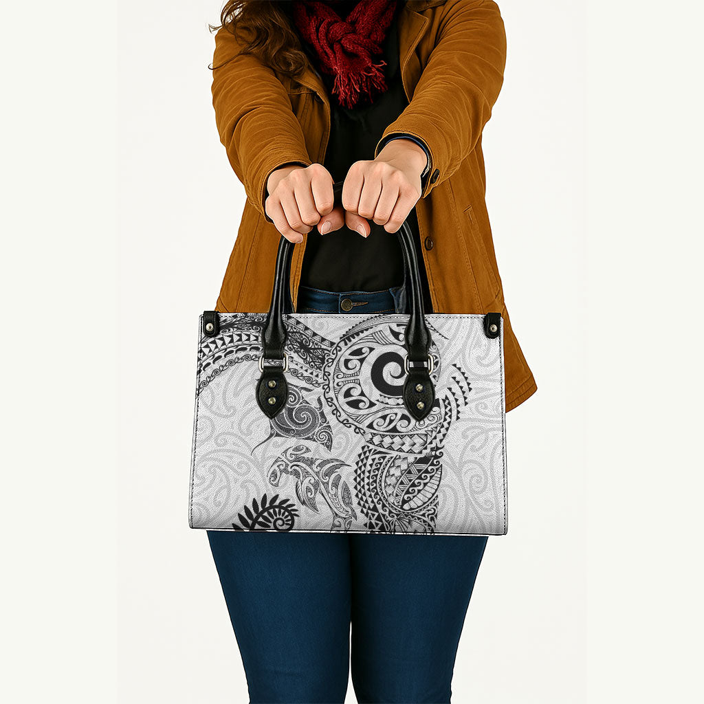 Aotearoa Maori Sea Animals Tribal Leather Bag Manta Ray and Shark Moko Pattern White Color LT03 - Polynesian Pride