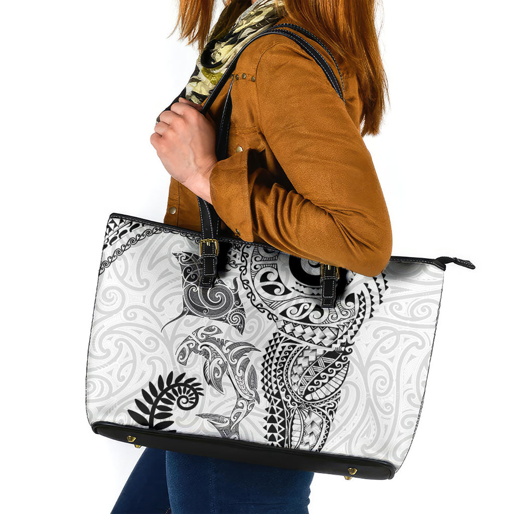 Aotearoa Maori Sea Animals Tribal Leather Tote Bag Manta Ray and Shark Moko Pattern White Color LT03 White - Polynesian Pride