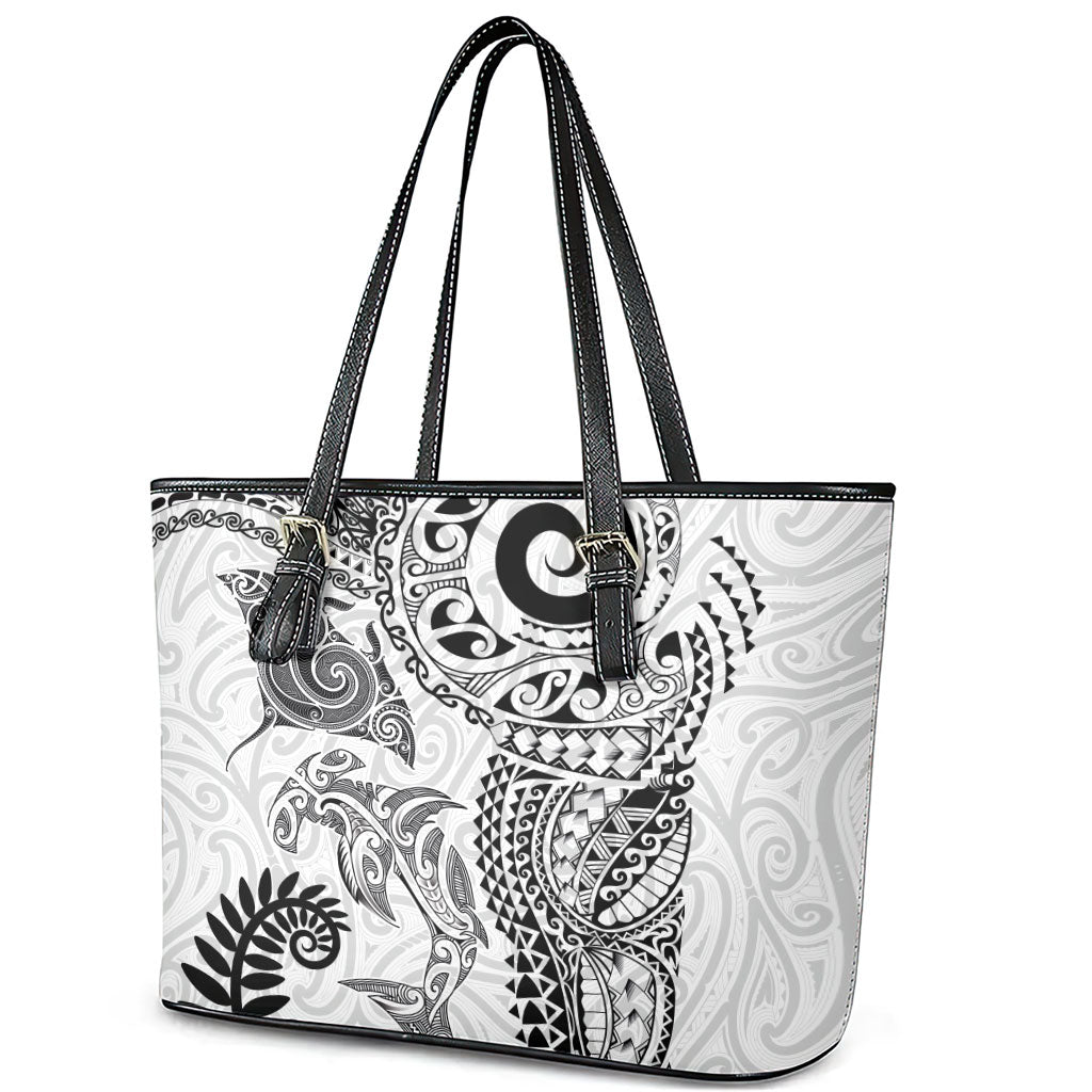 Aotearoa Maori Sea Animals Tribal Leather Tote Bag Manta Ray and Shark Moko Pattern White Color LT03 - Polynesian Pride