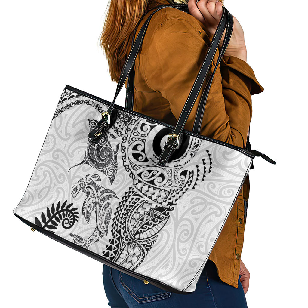 Aotearoa Maori Sea Animals Tribal Leather Tote Bag Manta Ray and Shark Moko Pattern White Color LT03 - Polynesian Pride