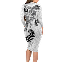 Aotearoa Maori Sea Animals Tribal Long Sleeve Bodycon Dress Manta Ray and Shark Moko Pattern White Color