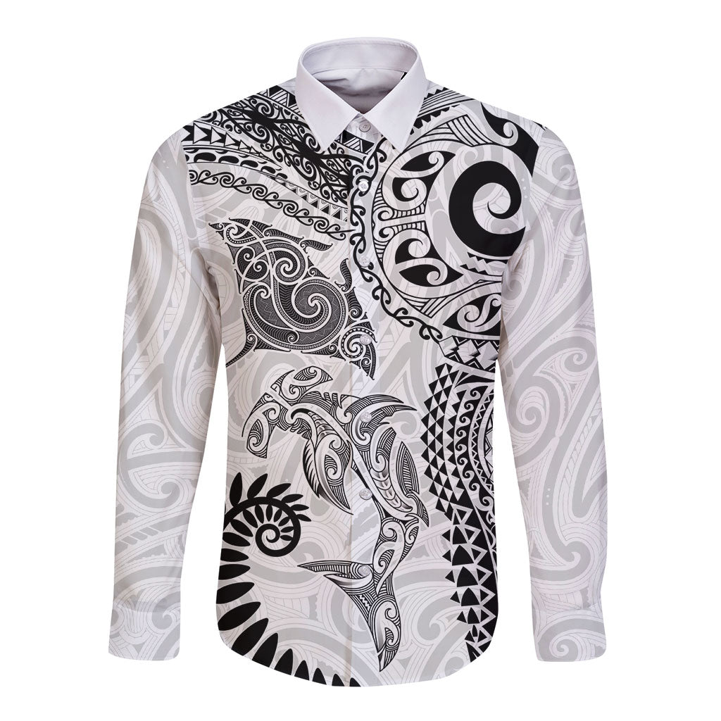 Aotearoa Maori Sea Animals Tribal Long Sleeve Button Shirt Manta Ray and Shark Moko Pattern White Color LT03 Unisex White - Polynesian Pride