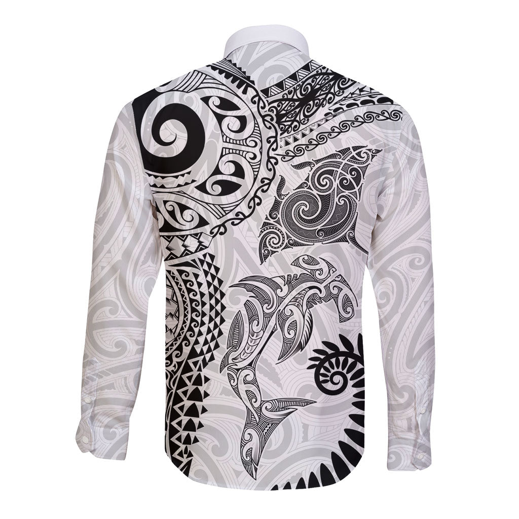Aotearoa Maori Sea Animals Tribal Long Sleeve Button Shirt Manta Ray and Shark Moko Pattern White Color LT03 - Polynesian Pride