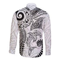 Aotearoa Maori Sea Animals Tribal Long Sleeve Button Shirt Manta Ray and Shark Moko Pattern White Color LT03 - Polynesian Pride