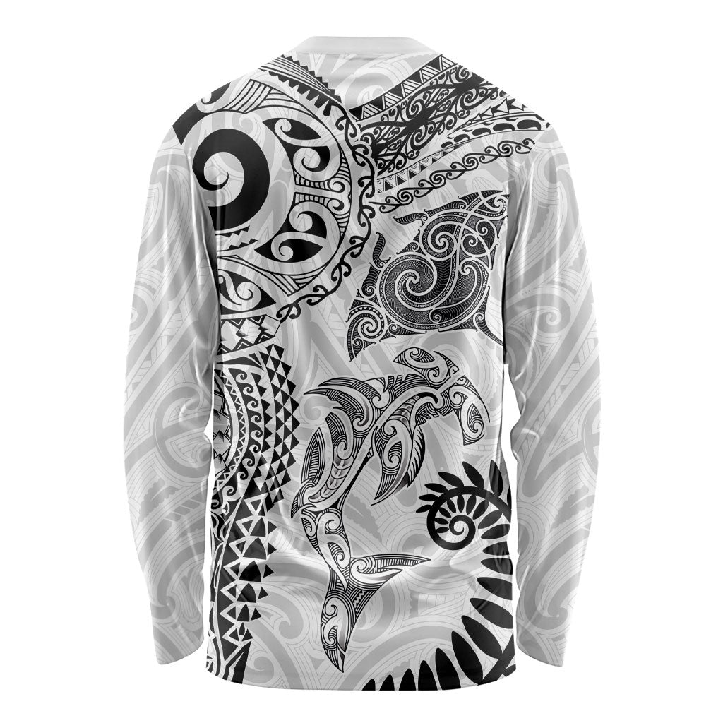 Aotearoa Maori Sea Animals Tribal Long Sleeve Shirt Manta Ray and Shark Moko Pattern White Color