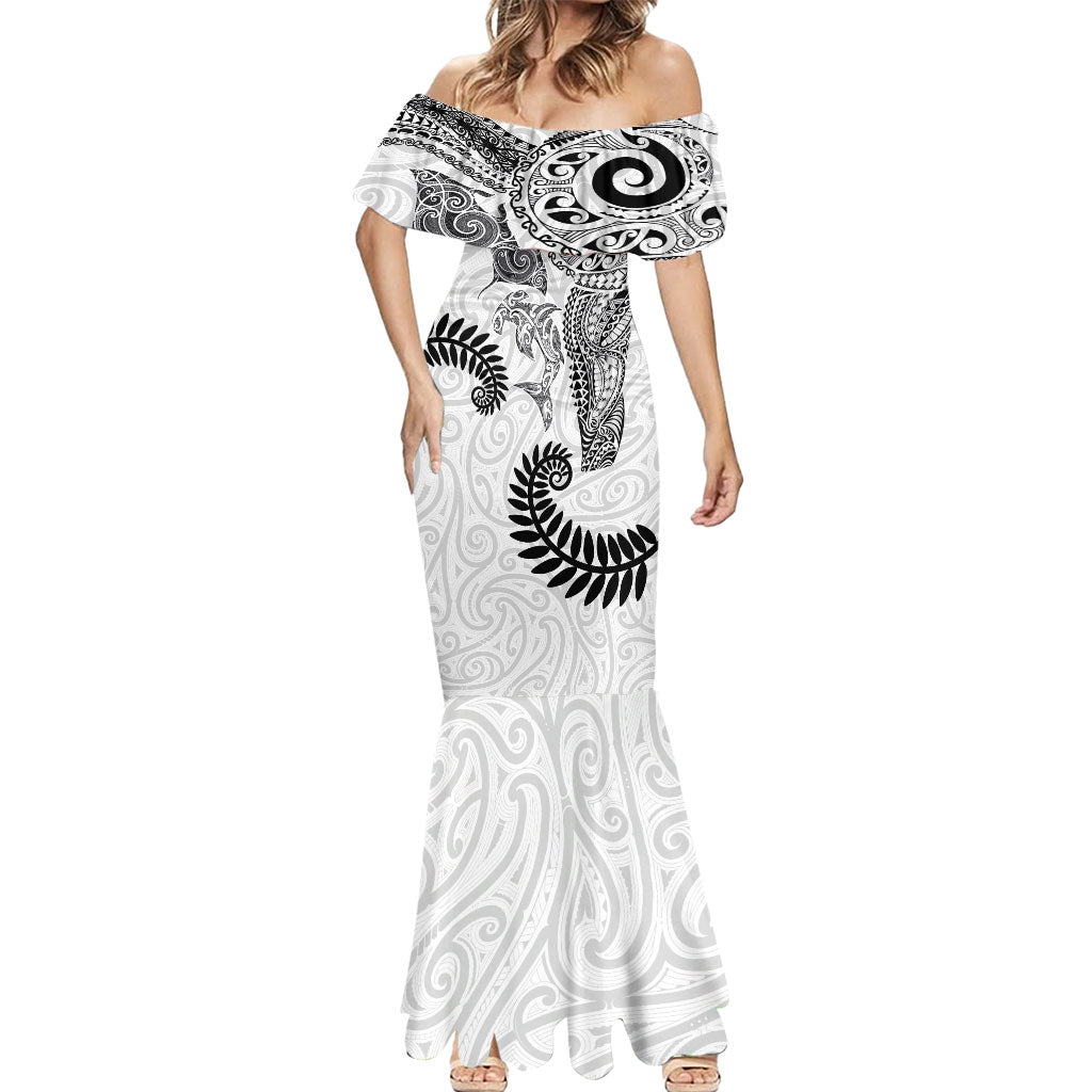 Aotearoa Maori Sea Animals Tribal Mermaid Dress Manta Ray and Shark Moko Pattern White Color