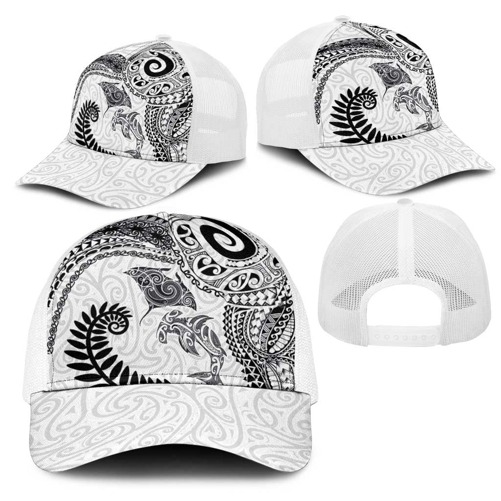 Aotearoa Maori Sea Animals Tribal Mesh Trucker Cap Manta Ray and Shark Moko Pattern White Color LT03 - Polynesian Pride