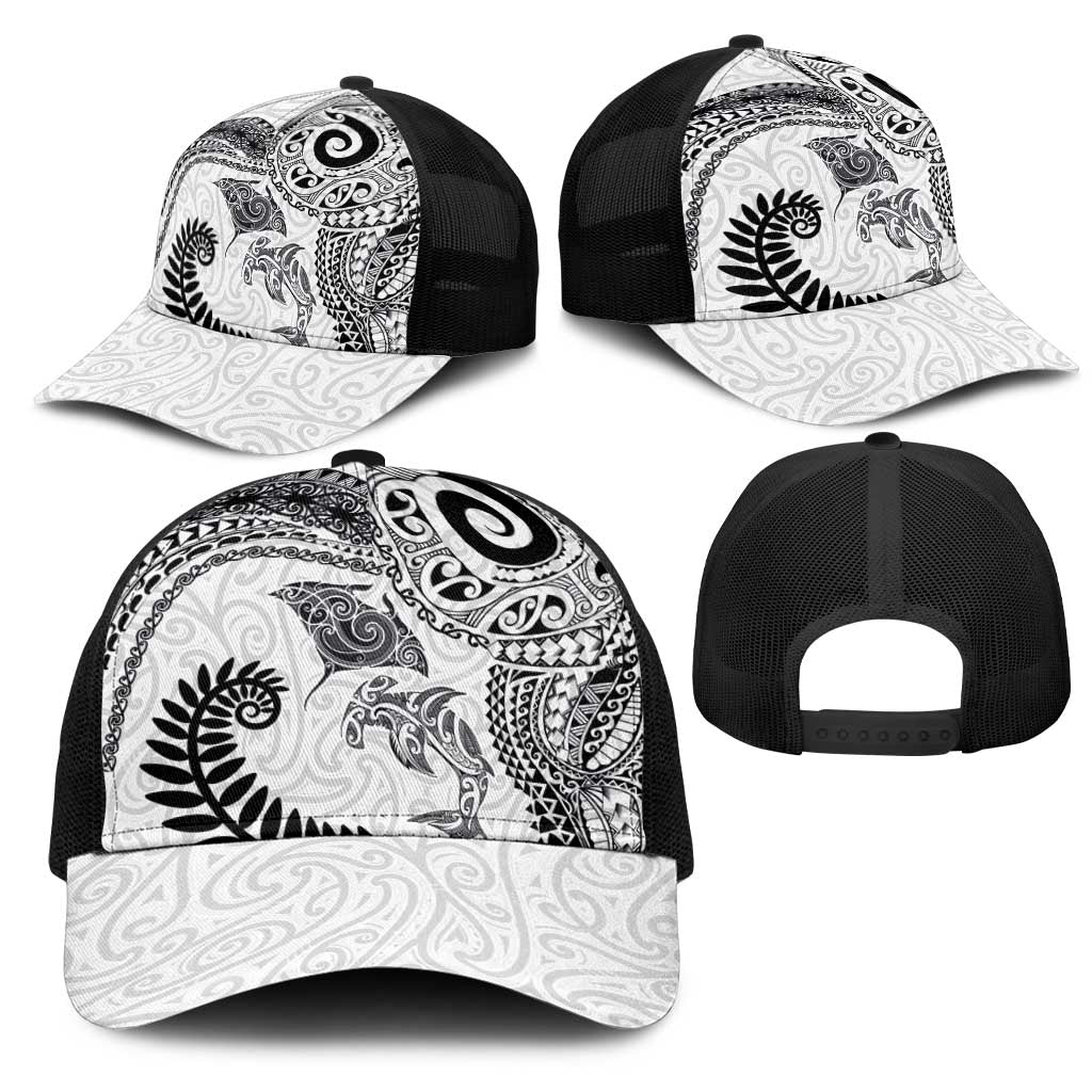 Aotearoa Maori Sea Animals Tribal Mesh Trucker Cap Manta Ray and Shark Moko Pattern White Color LT03 - Polynesian Pride