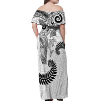 Aotearoa Maori Sea Animals Tribal Off Shoulder Maxi Dress Manta Ray and Shark Moko Pattern White Color