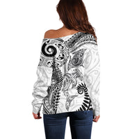 Aotearoa Maori Sea Animals Tribal Off Shoulder Sweater Manta Ray and Shark Moko Pattern White Color LT03 - Polynesian Pride