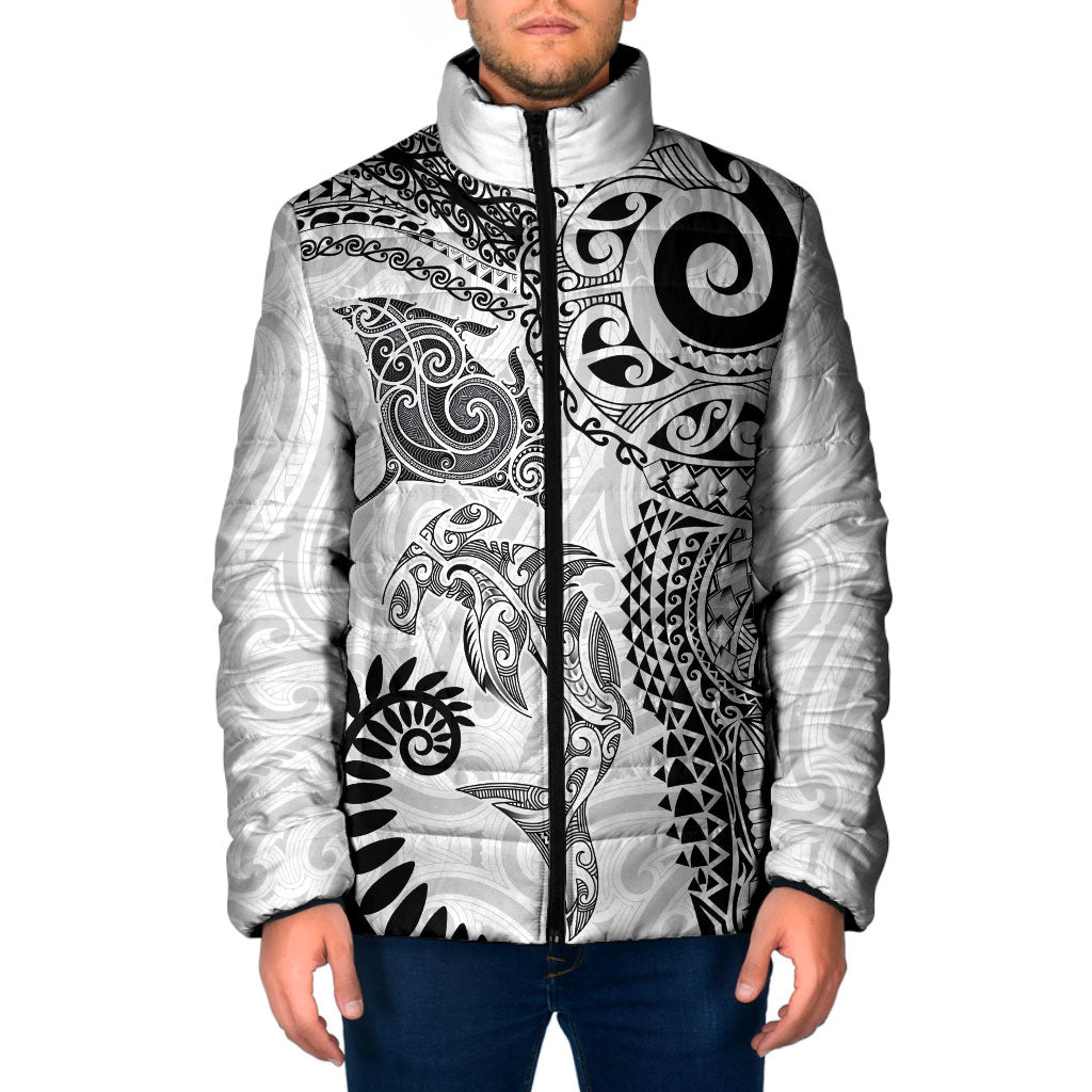 Aotearoa Maori Sea Animals Tribal Padded Jacket Manta Ray and Shark Moko Pattern White Color LT03 Men White - Polynesian Pride