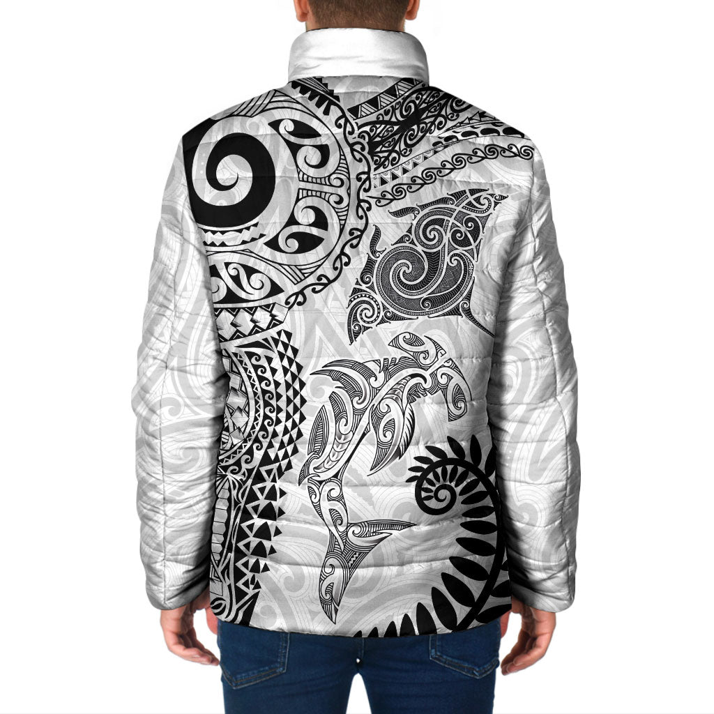 Aotearoa Maori Sea Animals Tribal Padded Jacket Manta Ray and Shark Moko Pattern White Color LT03 - Polynesian Pride