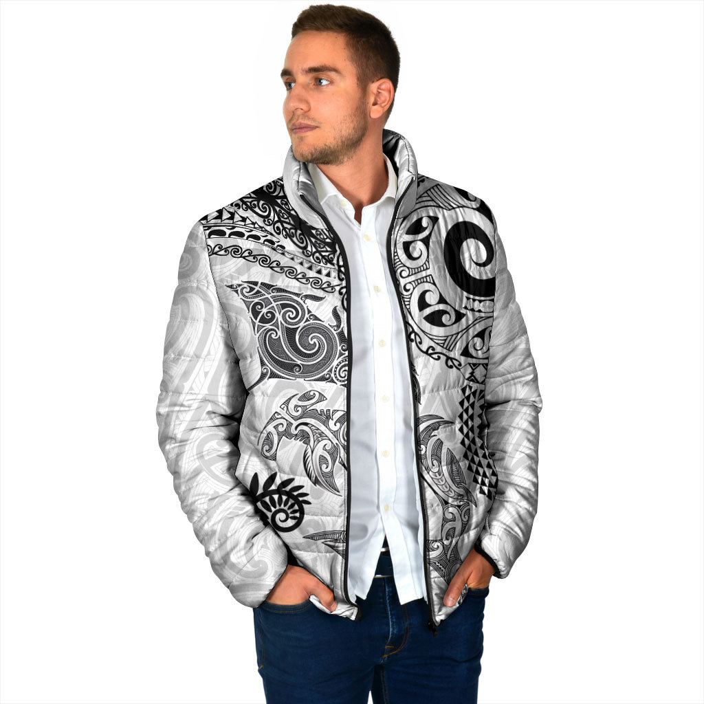 Aotearoa Maori Sea Animals Tribal Padded Jacket Manta Ray and Shark Moko Pattern White Color LT03 - Polynesian Pride