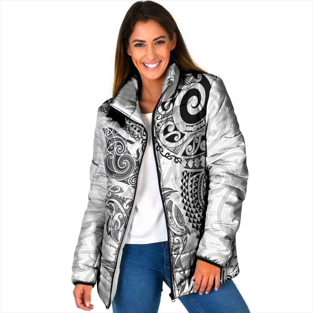 Aotearoa Maori Sea Animals Tribal Padded Jacket Manta Ray and Shark Moko Pattern White Color LT03 Women White - Polynesian Pride